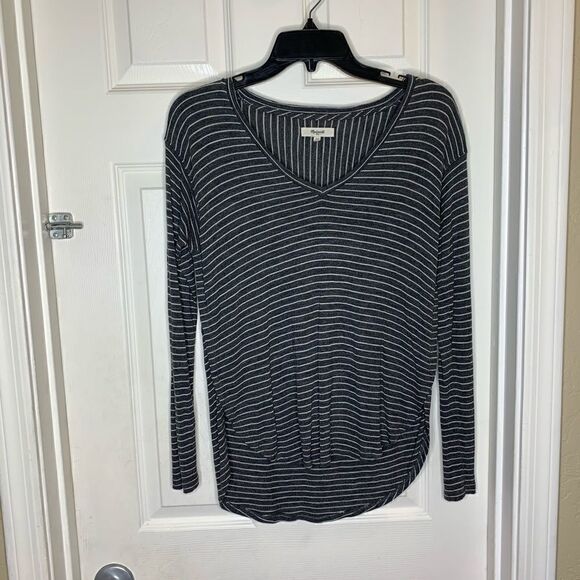 Madewell V Neck Long Sleeve Gray White Top - Picture 4 of 7
